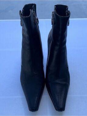 Black Leather Pointed Toe Ankle Boots - Women